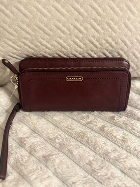 Coach Burgundy Leather Double Zip Wristlet Wallet in Dark Cherry